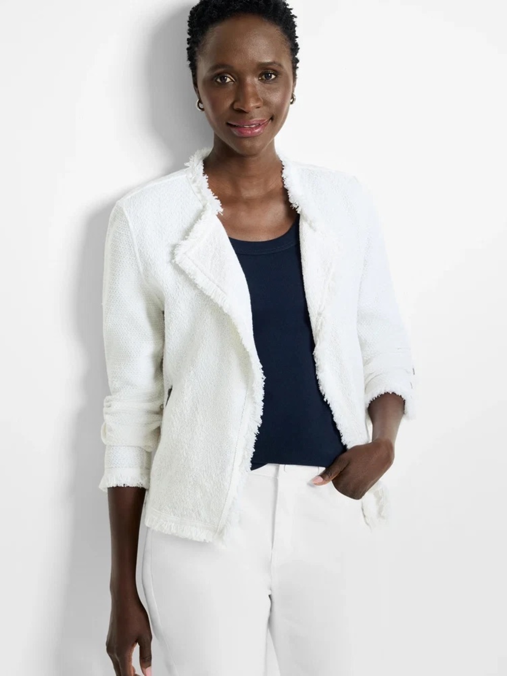 NIC+ZOE White Fringe Mix Knit Jacket Size M